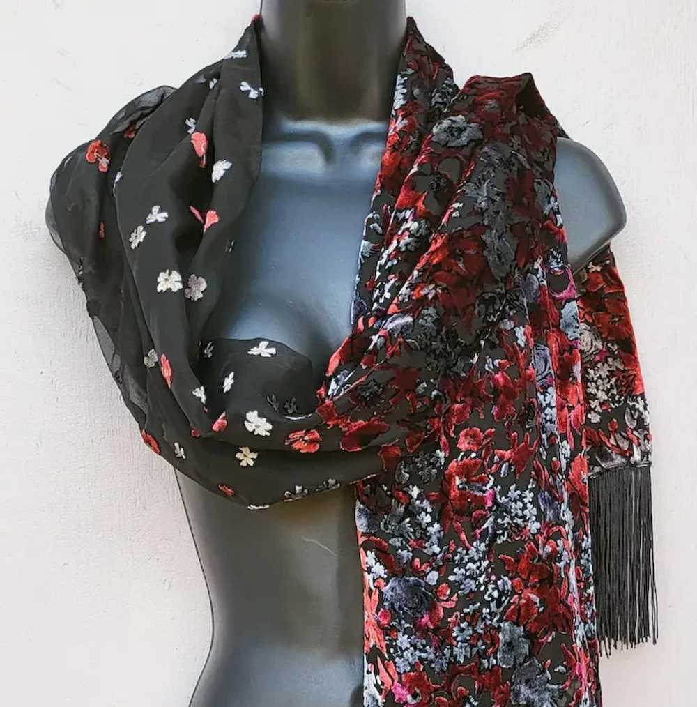 Beautiful Burnt Out Velvet Shawl or Scarf with Fr… - image 5