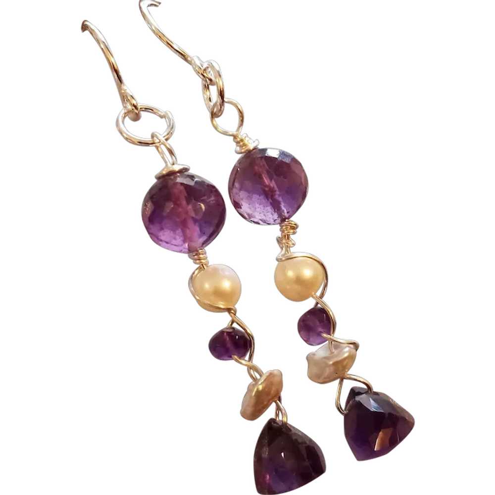 Amethyst and Freshwater Pearl Gem Twist Earrings … - image 1