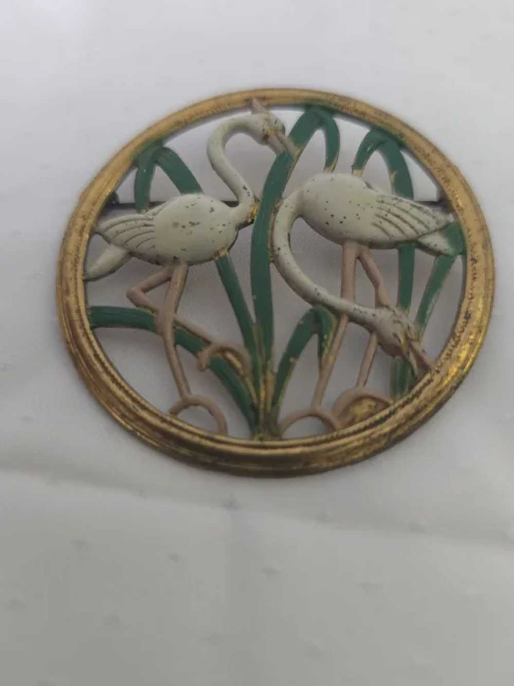 Fun 1950's Unsigned Coro Famingo & Reed Brooch Pin - image 2