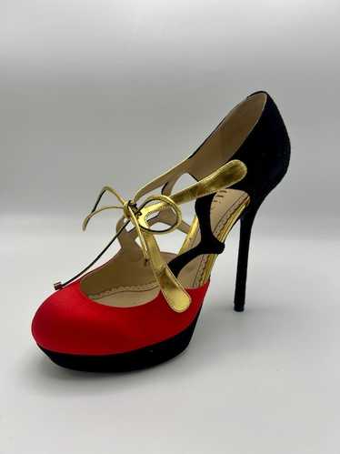 John Galliano Lace-up Black & Red Silk Stiletto He