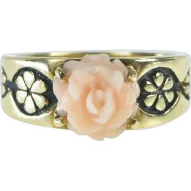 14K Carved Coral Rose Flower Ornate Statement Ring
