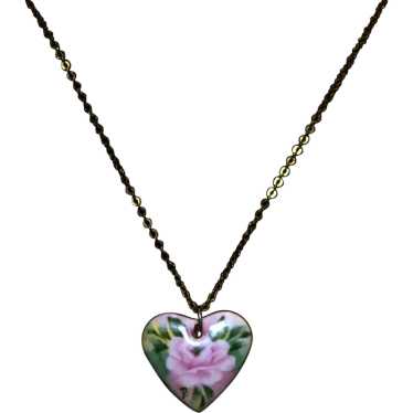 Vintage Ceramic Heart Pendant w/ Painted Rose and 