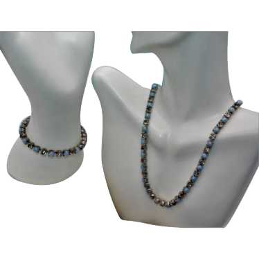 Vintage Unsigned Blue Satin Faux Pearls and Clear… - image 1