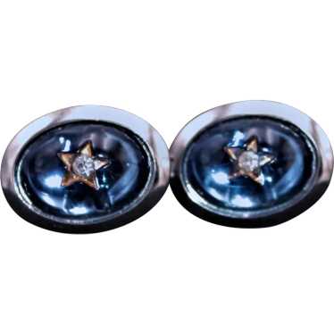 Silver Tone  Cufflinks with Clear Blue Cabochon an
