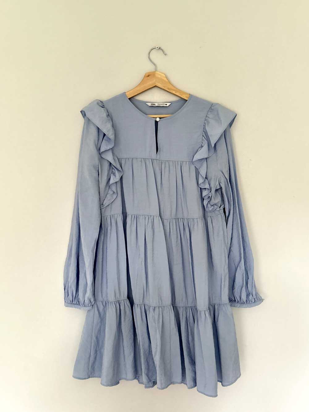 Zara Tiered Dress Medium Blue Frill Oversized Swi… - image 1