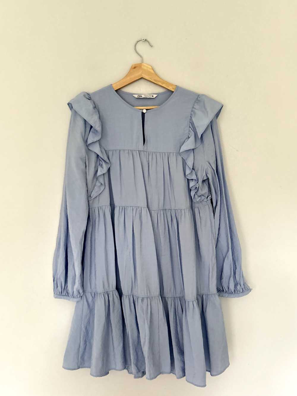 Zara Tiered Dress Medium Blue Frill Oversized Swi… - image 2