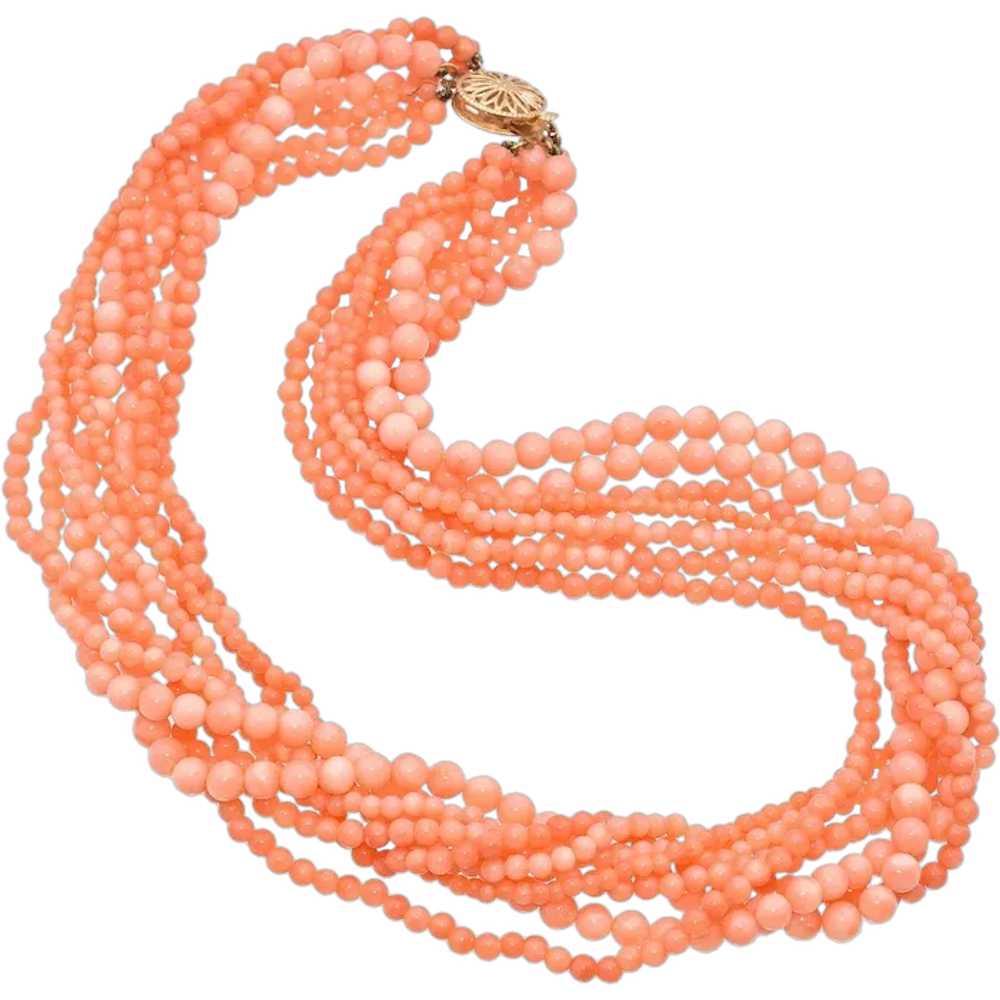 Vintage 14K Yellow Gold Salmon Coral Beaded Multi… - image 1