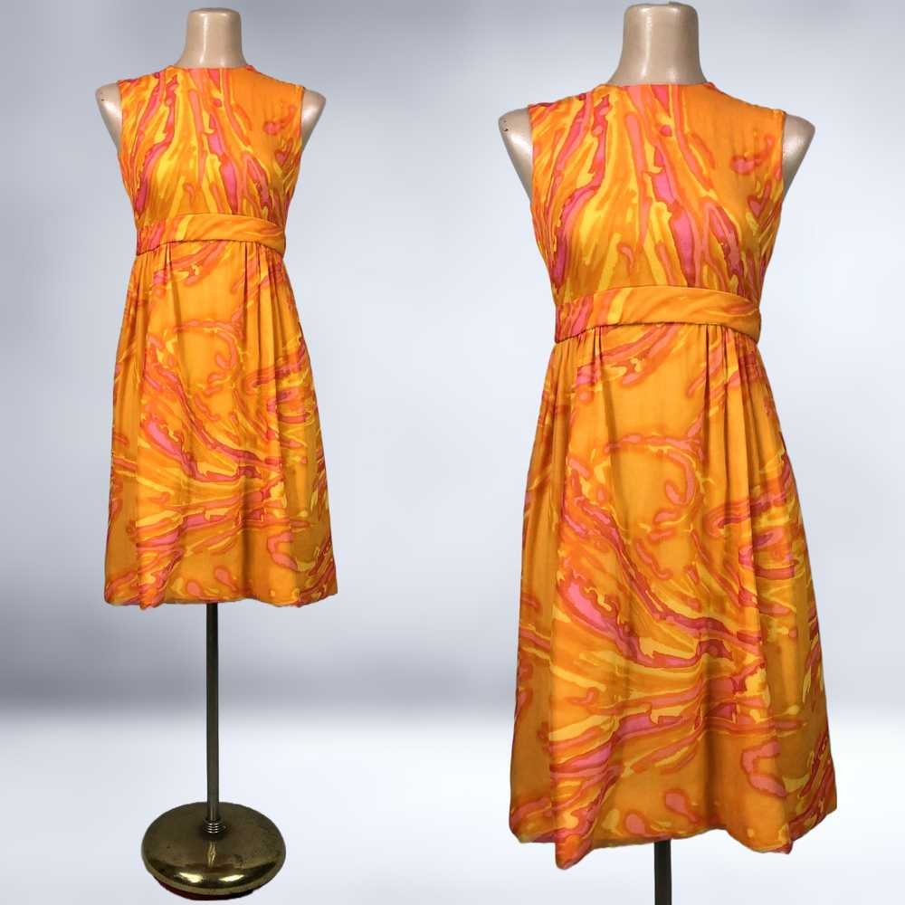 60s vintage Sheer Psychedelic Orange & Pink Swirl… - image 5