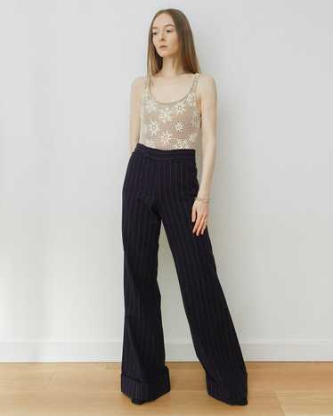 English Navy Pinstripe Wide Leg Wool Trousers