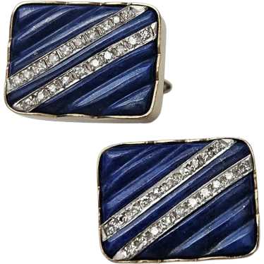 Beautiful Carved Lapis w/Diamond Accent 14K Cuffli