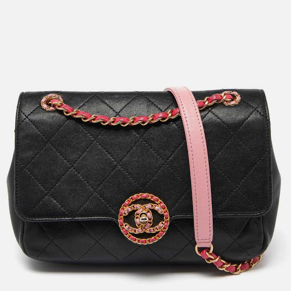 CHANEL Black/Pink Quilted Leather CC Chain Logo S… - image 1
