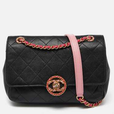 CHANEL Black/Pink Quilted Leather CC Chain Logo S… - image 1