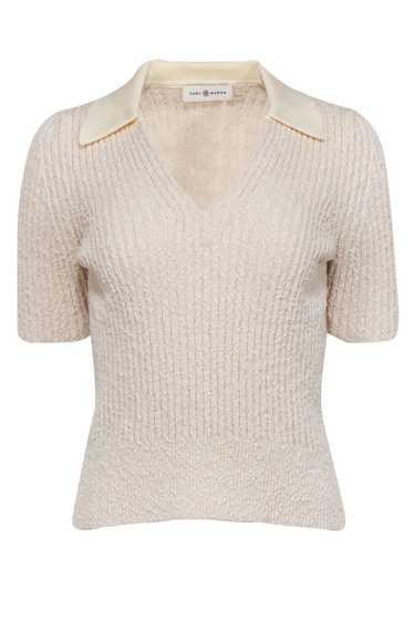 Tory Burch - Cream Ribbed Knit Boucle Polo Shirt S