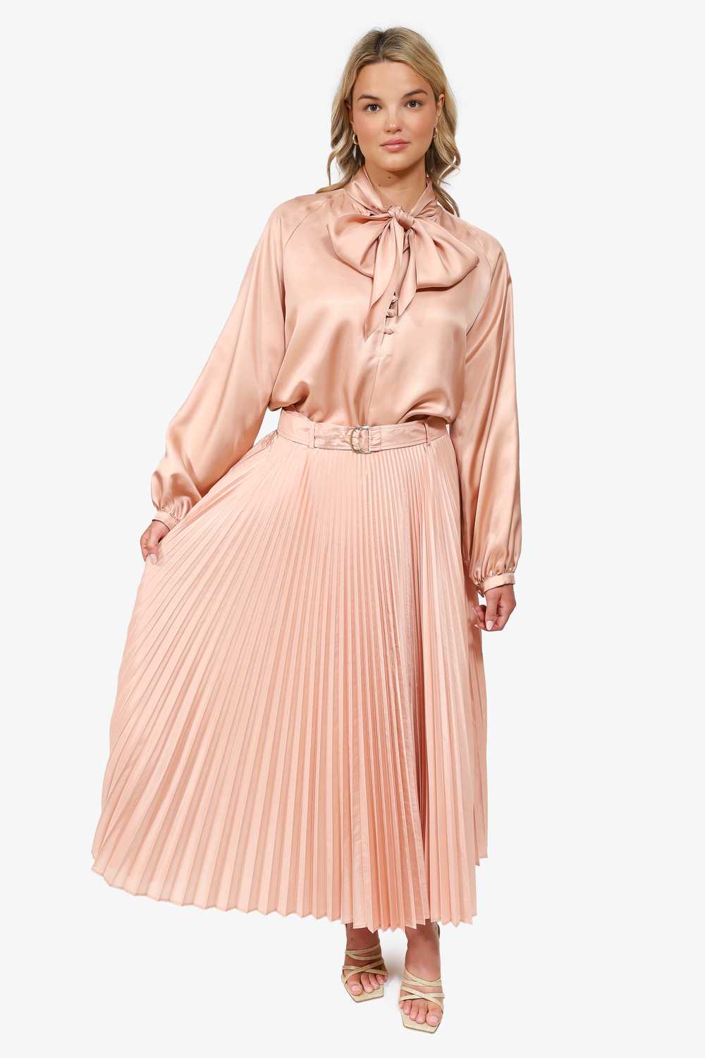 Max Mara Pink Silk Pleated Belted Midi Skirt Size… - image 2