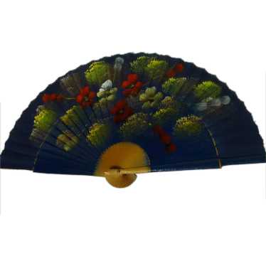 Spain Blue Hand Painted Floral Hand Fan