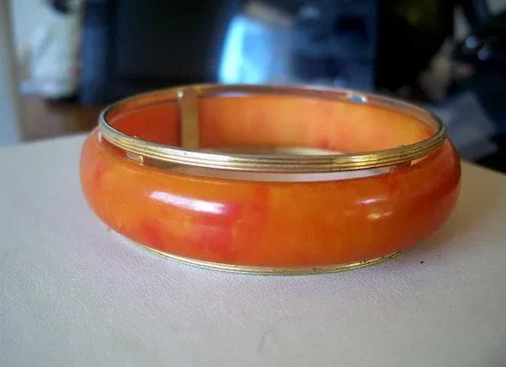 Marbled Orange Swirl Bakelite Bracelet Bangle wit… - image 2