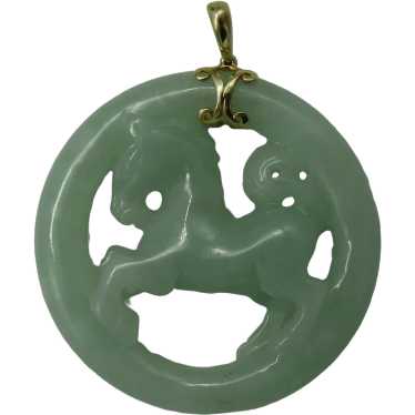 Carved Jade Horse 14K Gold Pendant Chinese