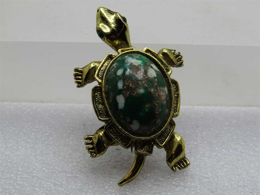 Vintage Green Faux Agate Turtle Brooch, 1960's - image 1