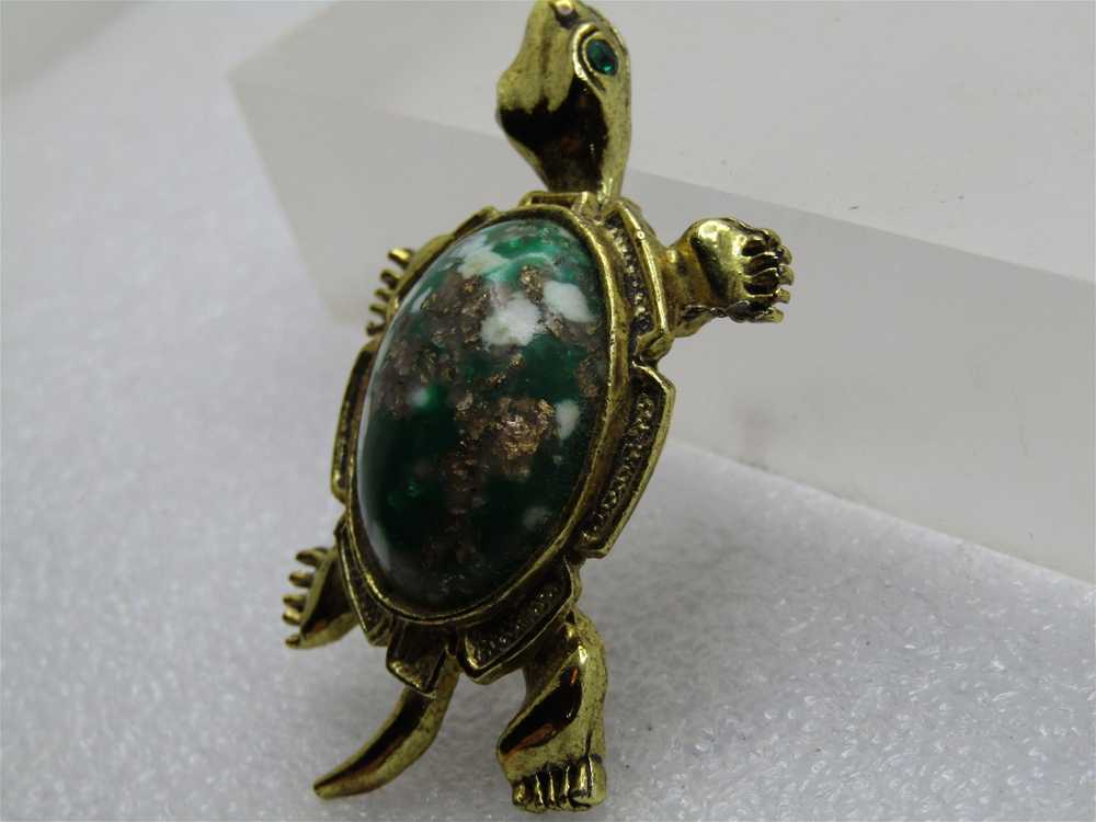 Vintage Green Faux Agate Turtle Brooch, 1960's - image 2