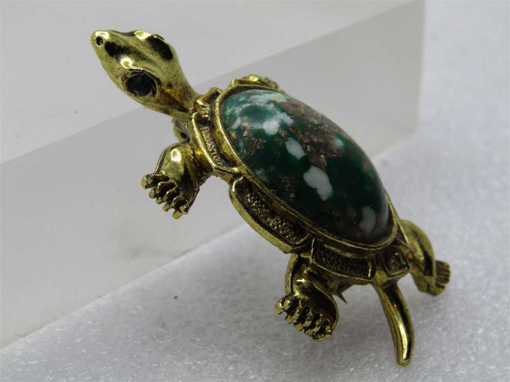 Vintage Green Faux Agate Turtle Brooch, 1960's - image 3