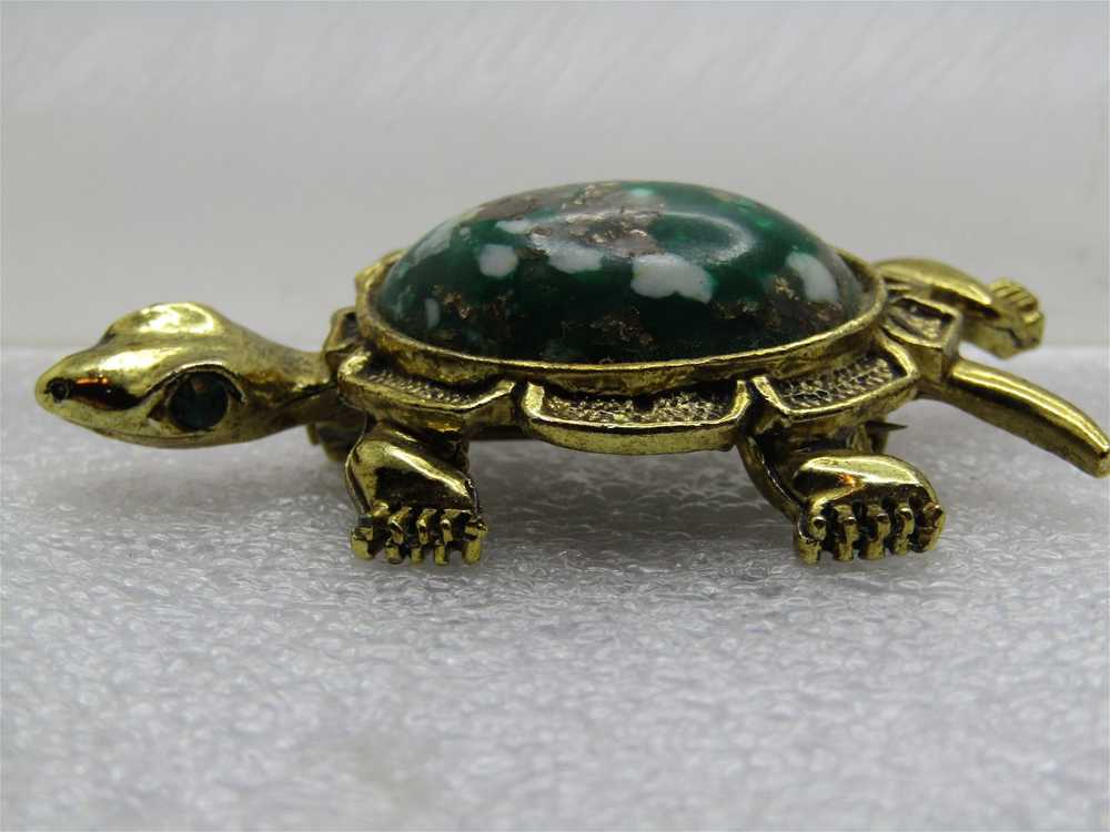 Vintage Green Faux Agate Turtle Brooch, 1960's - image 5