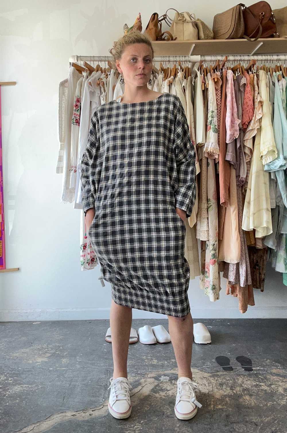 Vintage Issey Miyake Navy and White Plaid Dress - image 2