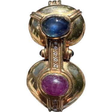 18K Yellow Gold Cabochon Ruby and Sapphire Drop P… - image 1