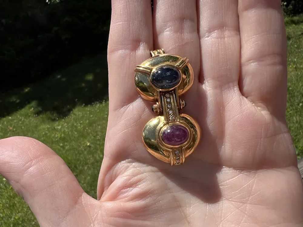 18K Yellow Gold Cabochon Ruby and Sapphire Drop P… - image 2