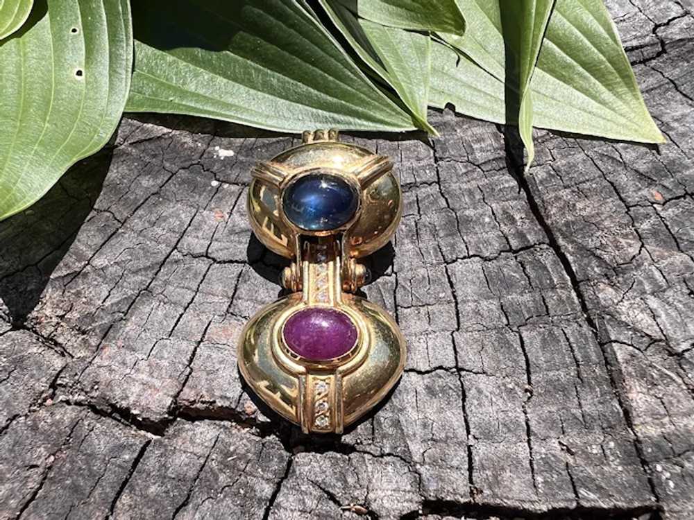 18K Yellow Gold Cabochon Ruby and Sapphire Drop P… - image 5