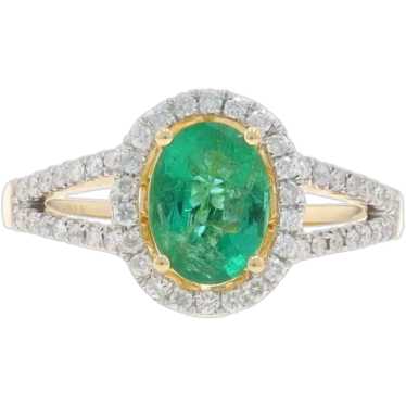 Yellow Gold Emerald Diamond Halo Ring - 14k Oval .