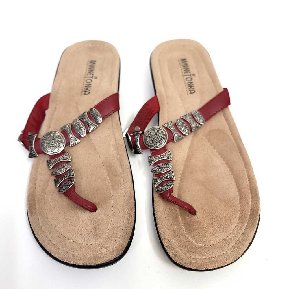 Minnetonka Red Sandals Flip Flop Size 9 Leather S… - image 3