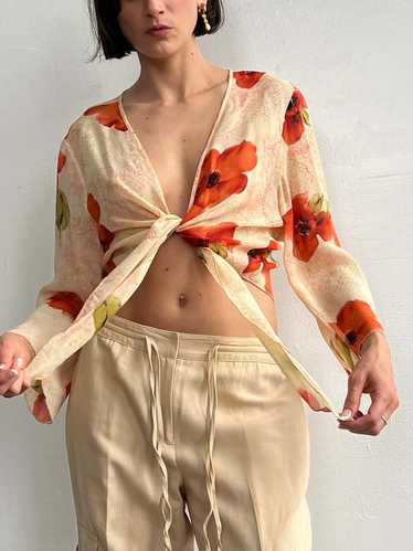 Vintage Sheer Silk Tie Front Blouse - Floral