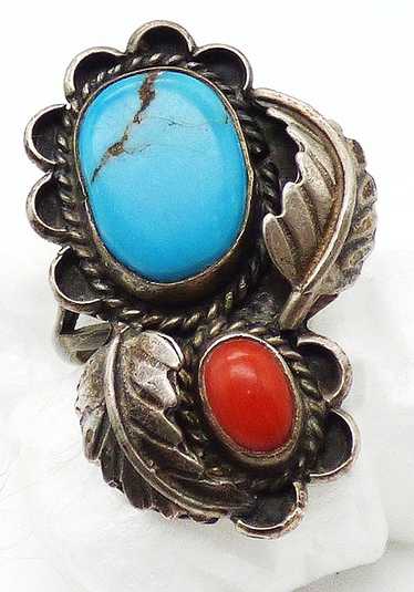 Navajo Turquoise and Coral Sterling Leaves Ring