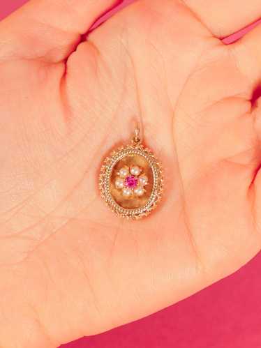 14k Ruby and Pearl Framed Flower Charm