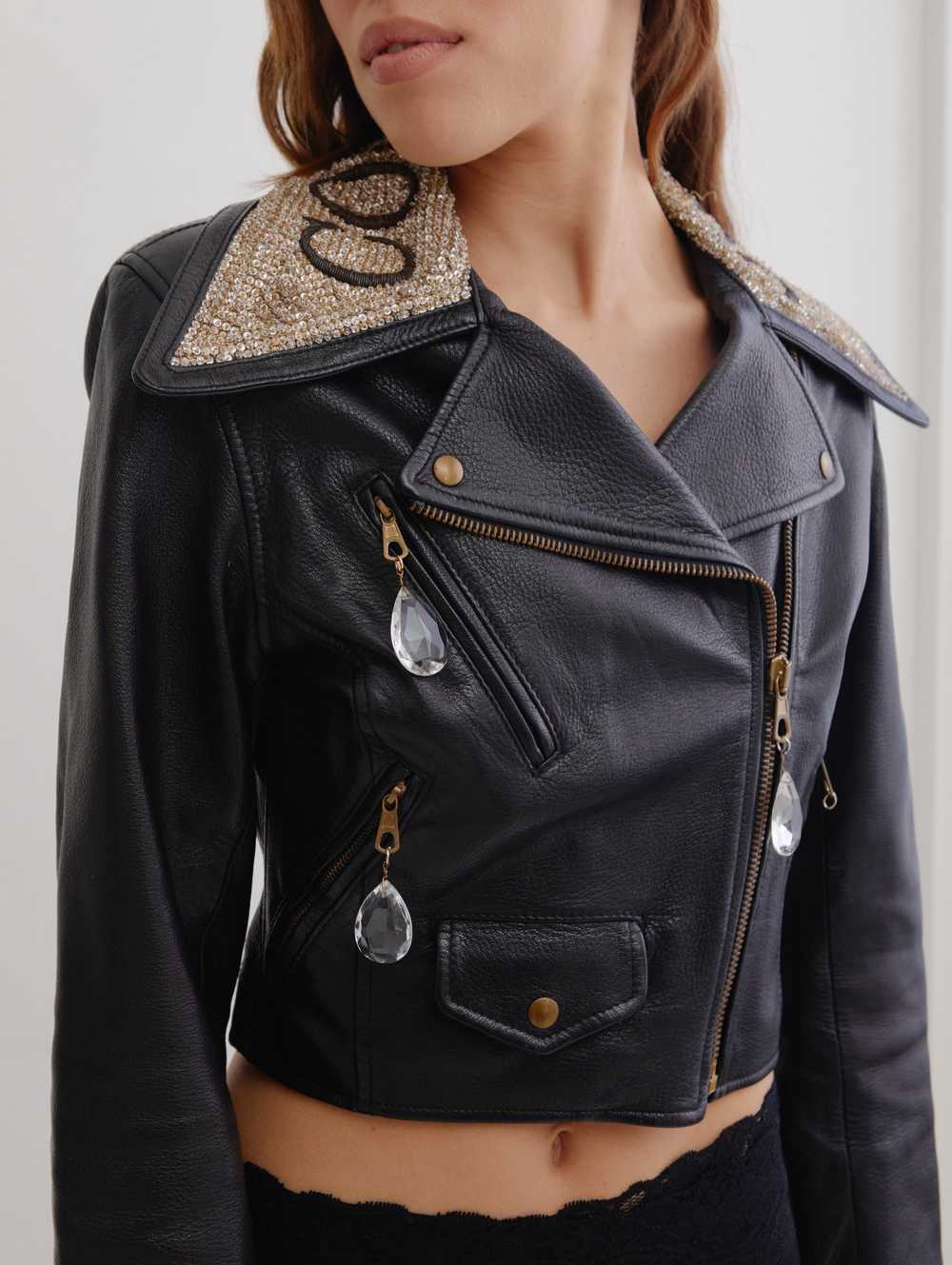 Moschino 90's leather biker jacket with crystal e… - image 1