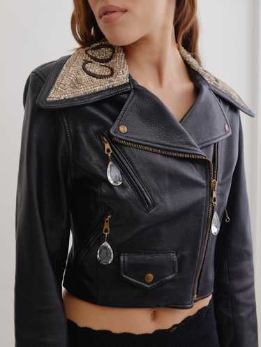 Moschino 90's leather biker jacket with crystal e… - image 1