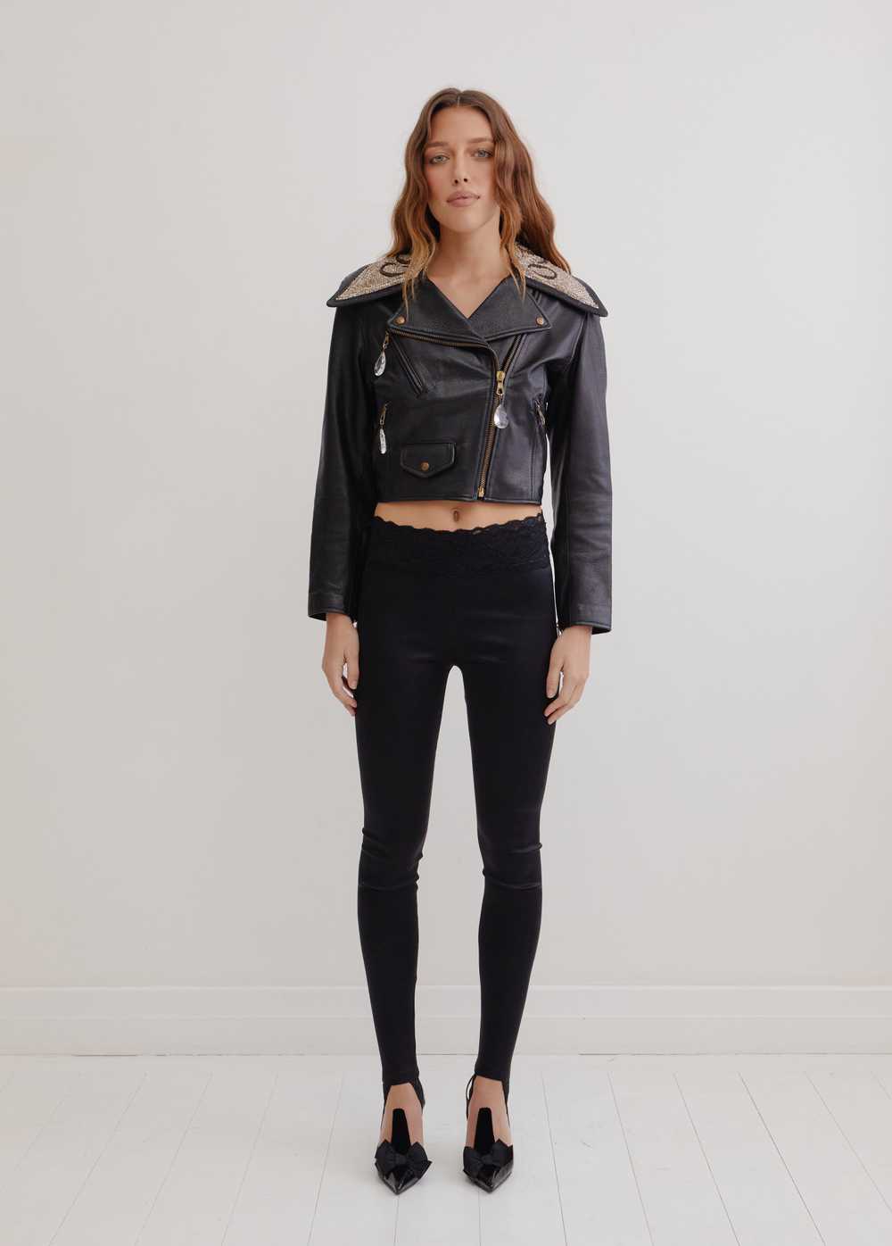 Moschino 90's leather biker jacket with crystal e… - image 2