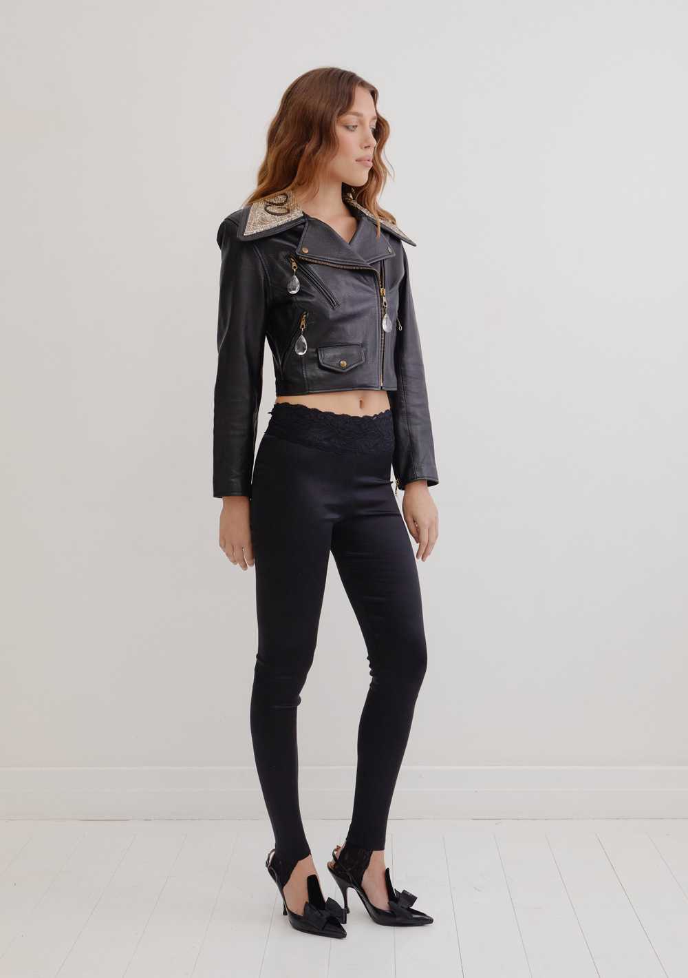 Moschino 90's leather biker jacket with crystal e… - image 3