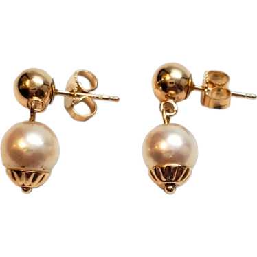 14K Yellow Gold Pearl Dangle Earrings #17877
