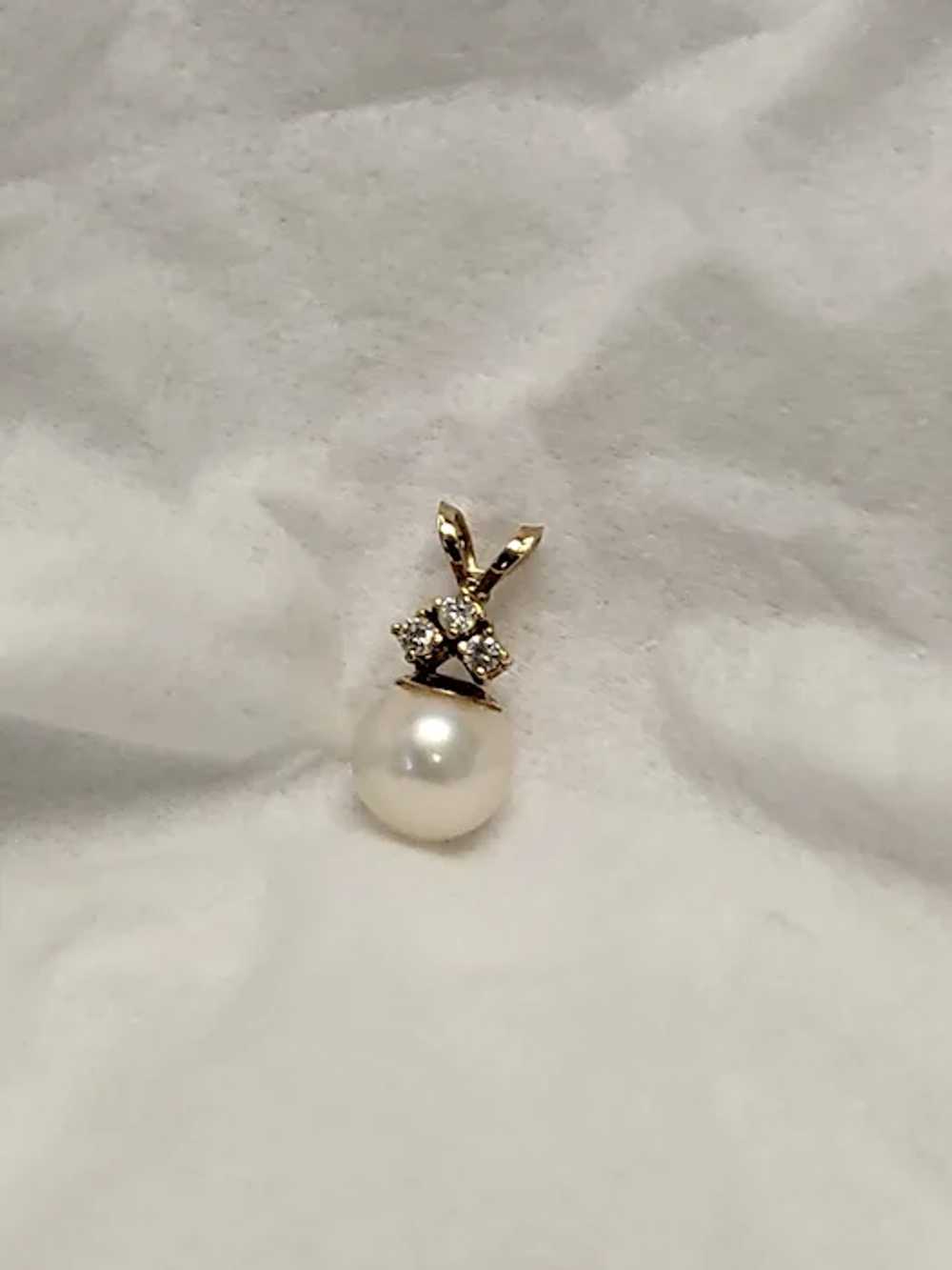 14K Cultured Pearl and Diamonds Necklace Drop - image 4