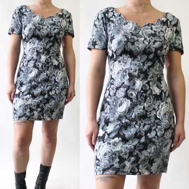 90s Black and Blue Roses Dress with Scalloped Neck - image 1