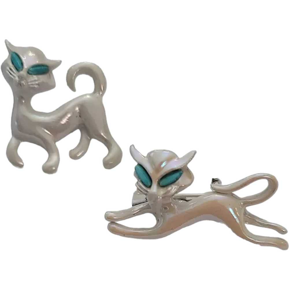 Vintage Pearly White Enamel Blue Eye Cat Pair Bro… - image 1