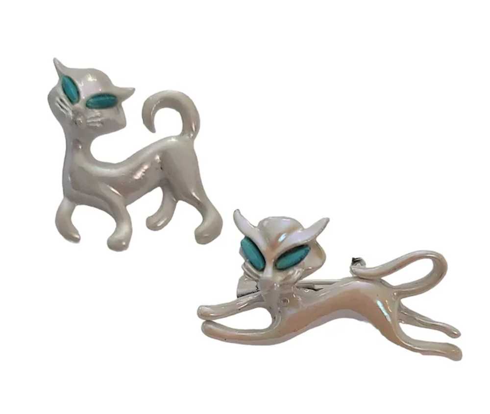 Vintage Pearly White Enamel Blue Eye Cat Pair Bro… - image 2