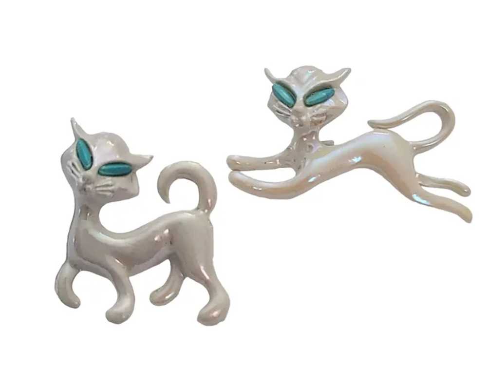 Vintage Pearly White Enamel Blue Eye Cat Pair Bro… - image 3