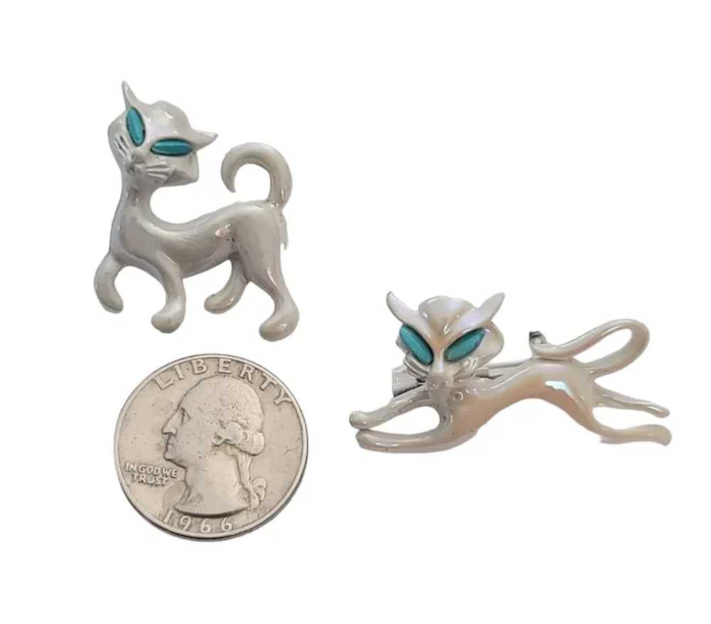 Vintage Pearly White Enamel Blue Eye Cat Pair Bro… - image 5