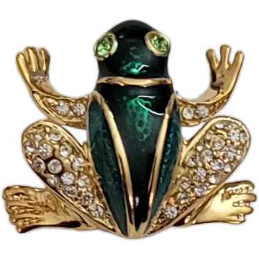 Roman Gold Tone Green Enamel Rhinestone Frog Broo… - image 1