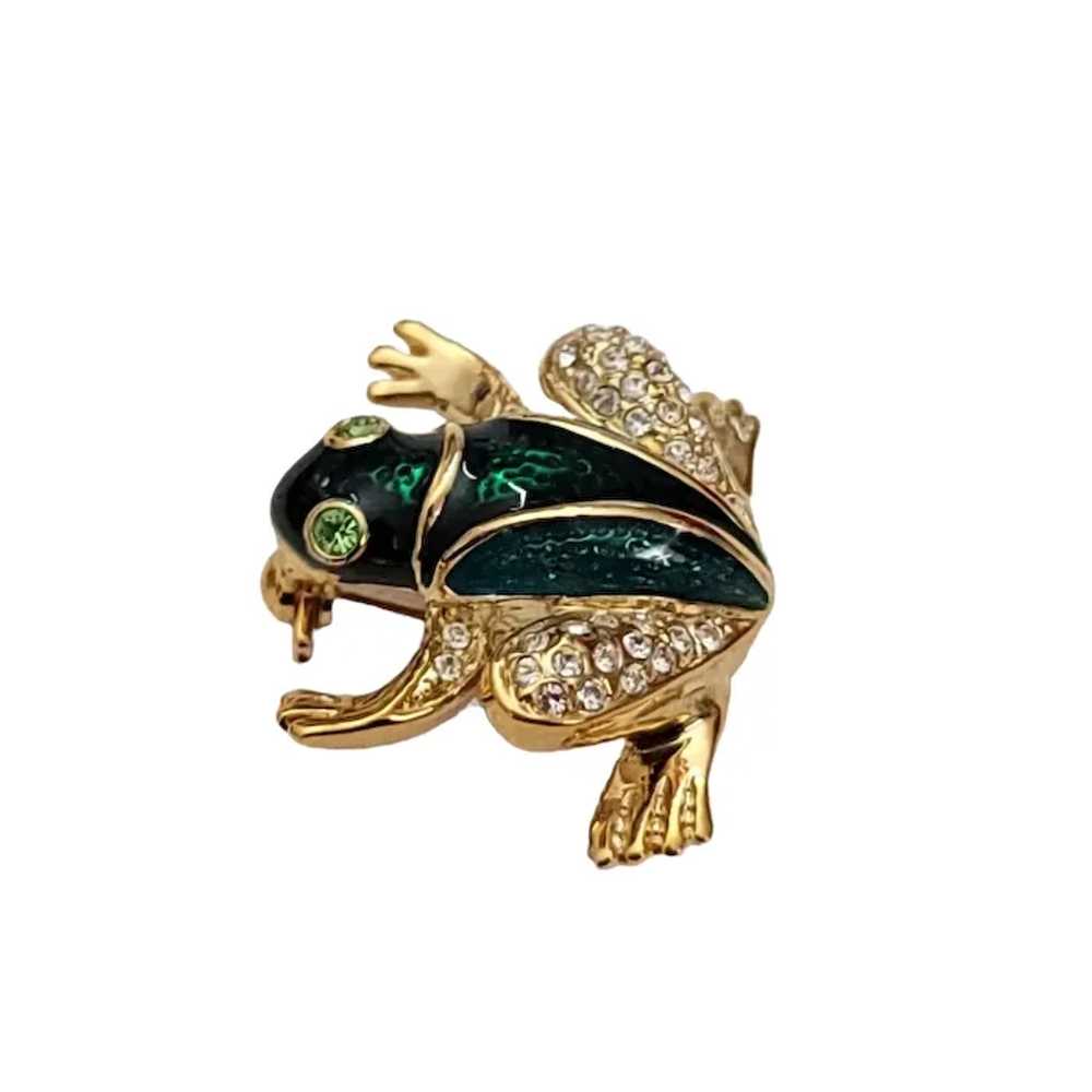 Roman Gold Tone Green Enamel Rhinestone Frog Broo… - image 2