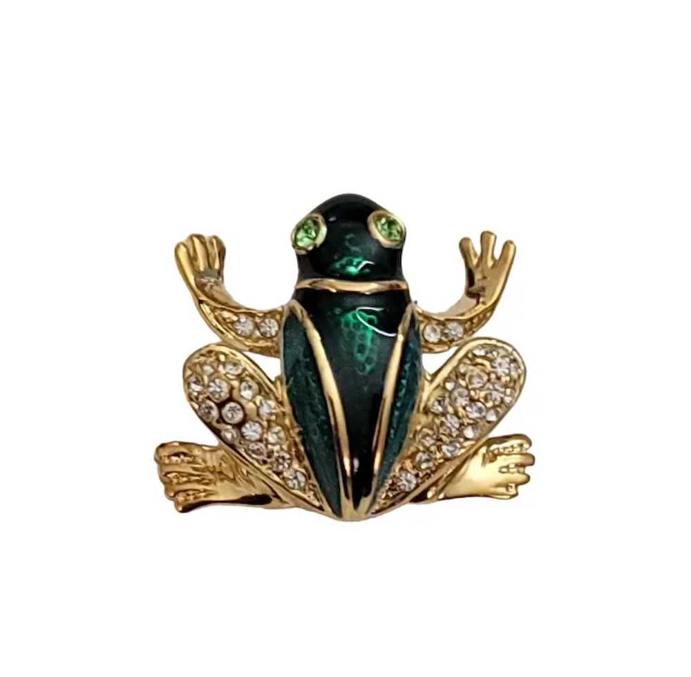 Roman Gold Tone Green Enamel Rhinestone Frog Broo… - image 8