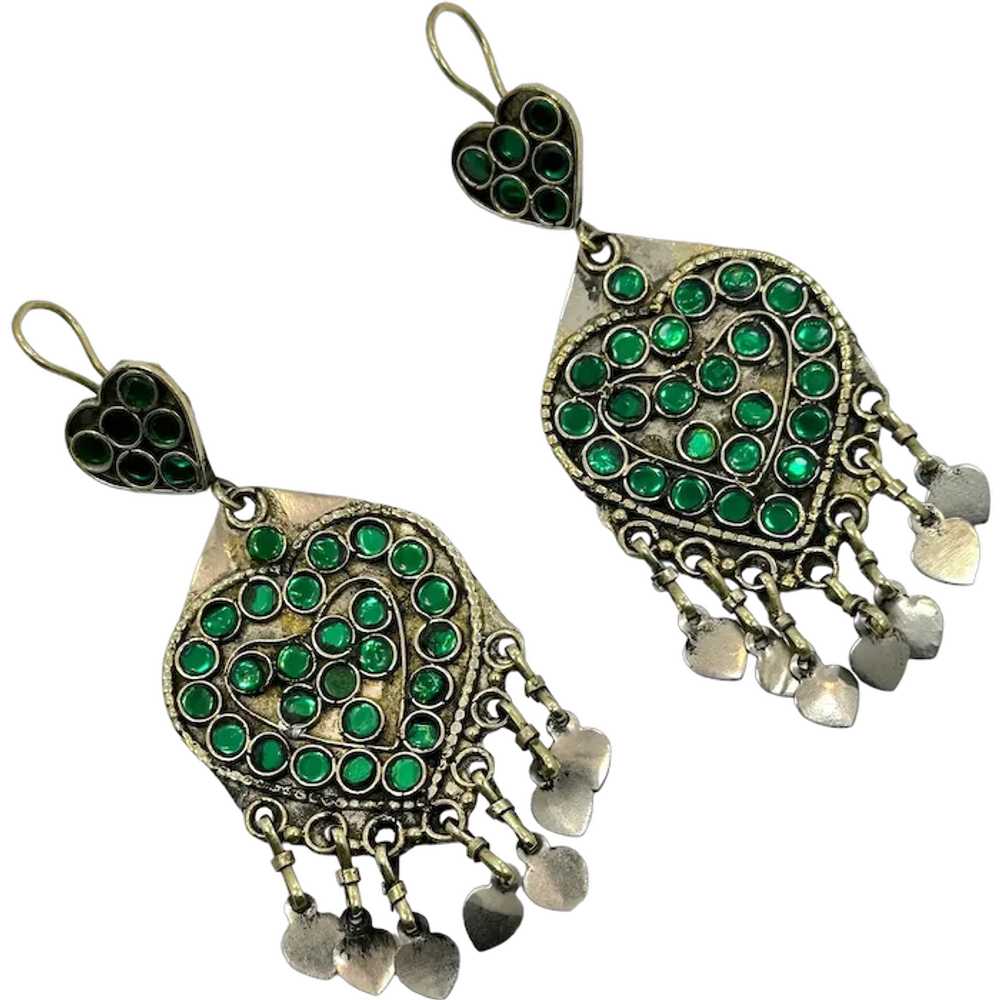 Heart Earrings, Jewels, Afghan, Green, Boho, Vint… - image 1