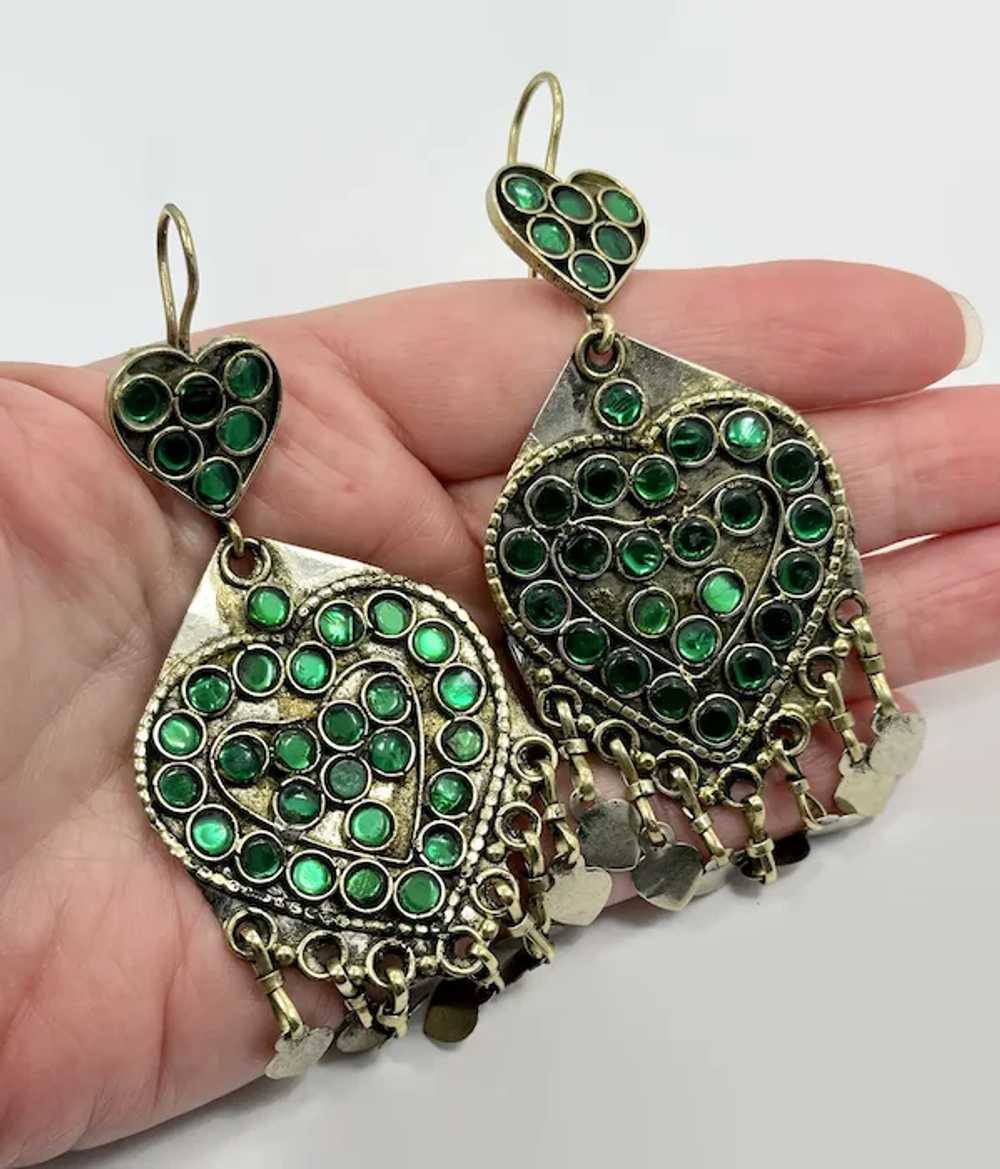Heart Earrings, Jewels, Afghan, Green, Boho, Vint… - image 2